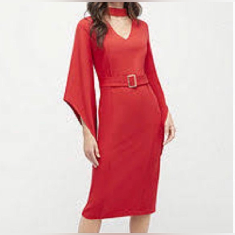 Worthington Red Belted V-Neck Sheath Dress